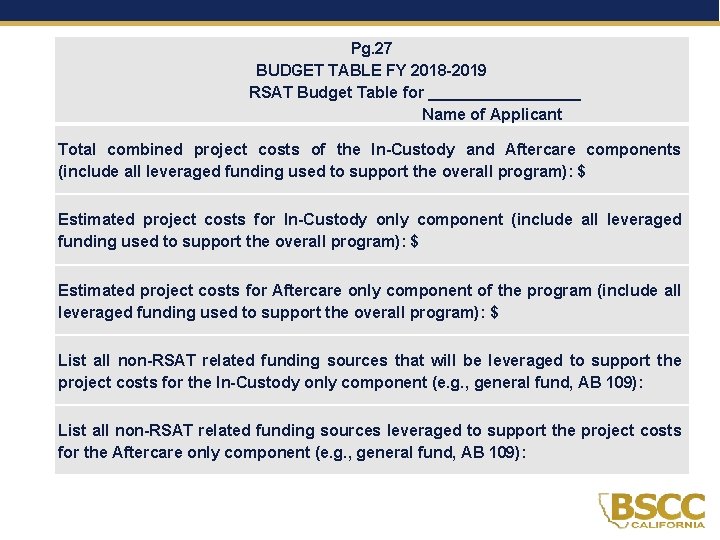 Pg. 27 BUDGET TABLE FY 2018 -2019 RSAT Budget Table for _________ Name of