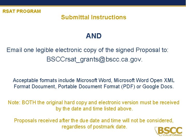 RSAT PROGRAM Submittal Instructions AND Email one legible electronic copy of the signed Proposal