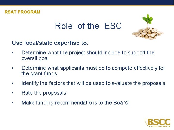 RSAT PROGRAM Role of the ESC Use local/state expertise to: • Determine what the