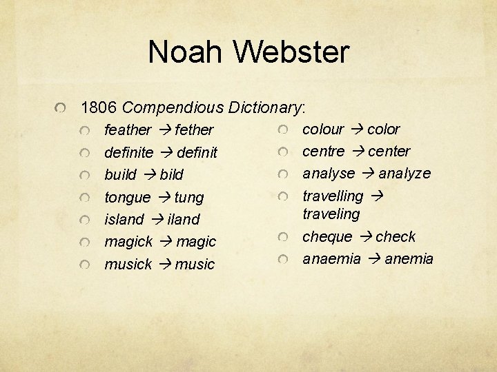 Noah Webster 1806 Compendious Dictionary: colour color feather fether centre center definite definit analyse