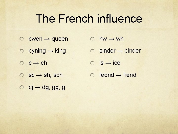 The French influence cwen → queen hw → wh cyning → king sinder →