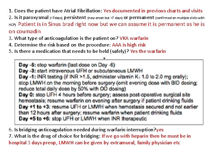 1. Does the patient have Atrial Fibrillation: Yes documented in previous charts and visits