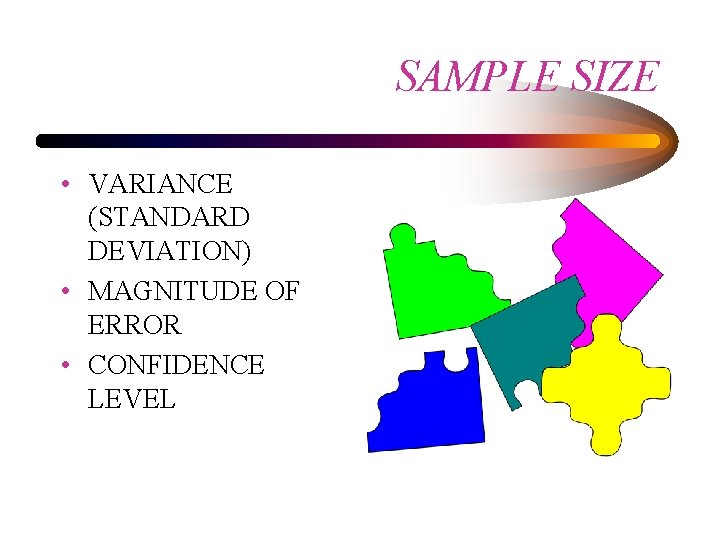 SAMPLE SIZE • VARIANCE (STANDARD DEVIATION) • MAGNITUDE OF ERROR • CONFIDENCE LEVEL 