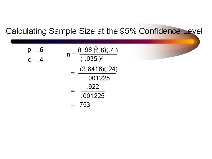 Calculating Sample Size at the 95% Confidence Level p =. 6 q =. 4