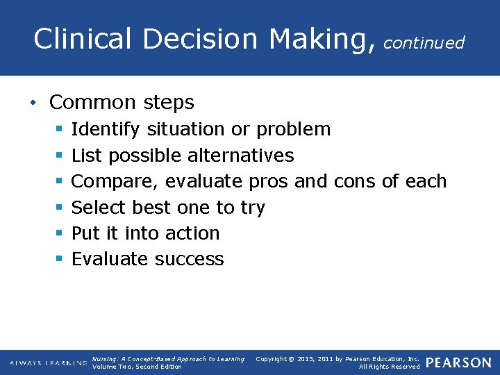 Clinical Decision Making, continued • Common steps § § § Identify situation or problem