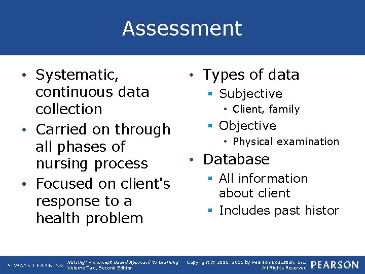 Assessment • Systematic, continuous data collection • Carried on through all phases of nursing