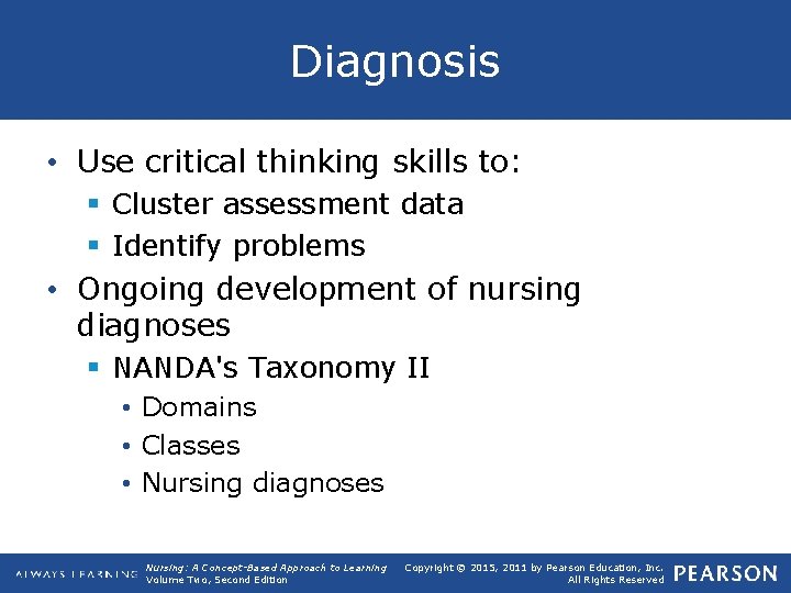 Diagnosis • Use critical thinking skills to: § Cluster assessment data § Identify problems