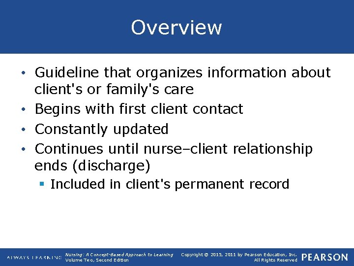 Overview • Guideline that organizes information about client's or family's care • Begins with