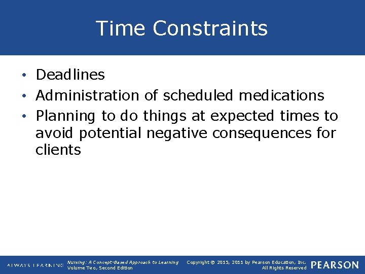 Time Constraints • Deadlines • Administration of scheduled medications • Planning to do things