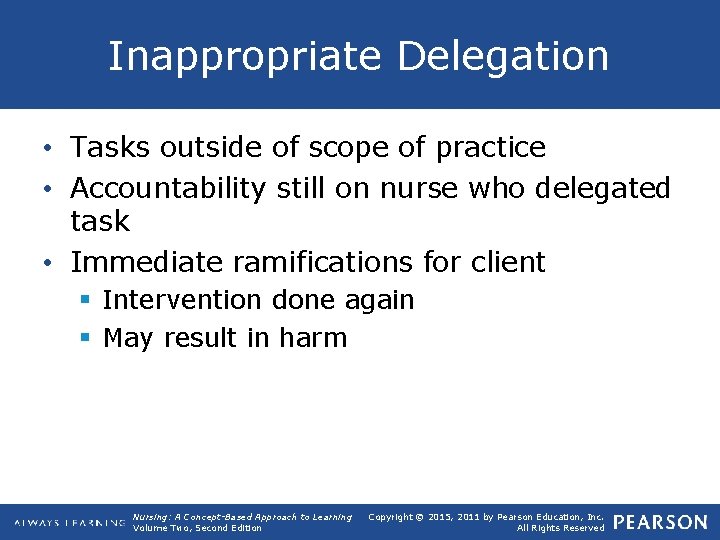 Inappropriate Delegation • Tasks outside of scope of practice • Accountability still on nurse