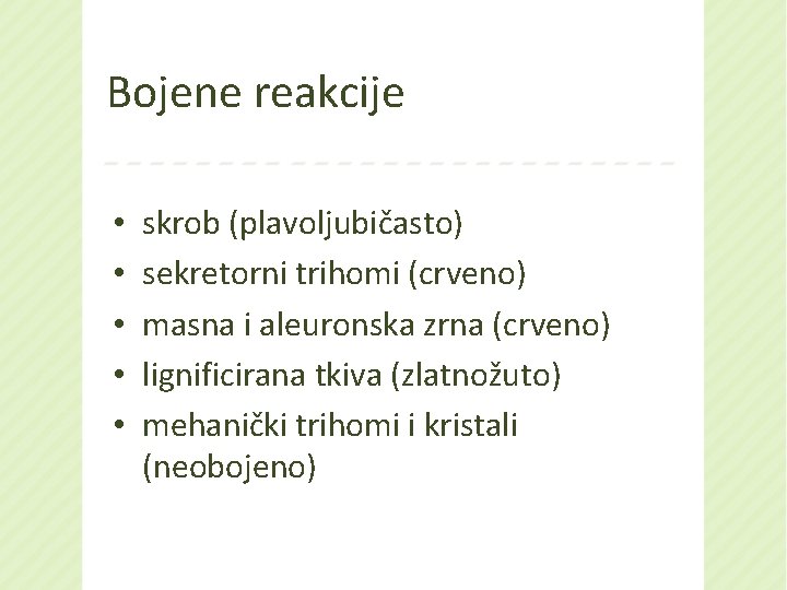 Bojene reakcije • • • skrob (plavoljubičasto) sekretorni trihomi (crveno) masna i aleuronska zrna
