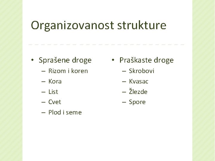 Organizovanost strukture • Sprašene droge – – – Rizom i koren Kora List Cvet