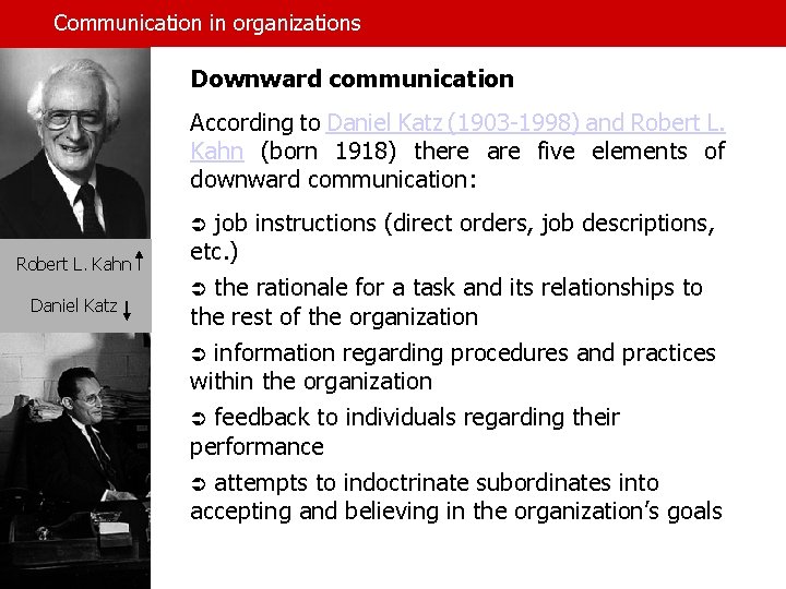 Communication in organizations Downward communication According to Daniel Katz (1903 -1998) and Robert L.