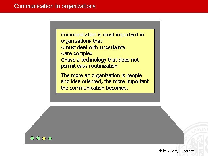 Communication in organizations Communication is most important in organizations that: ºmust deal with uncertainty