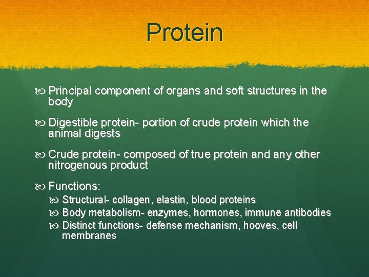 Protein Principal component of organs and soft structures in the body Digestible protein- portion