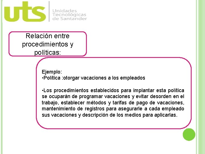Relación entre procedimientos y políticas: Ejemplo: • Política : otorgar vacaciones a los empleados
