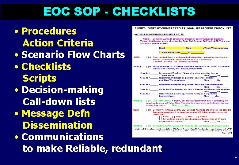 EOC SOP - CHECKLISTS • Procedures Action Criteria • Scenario Flow Charts • Checklists