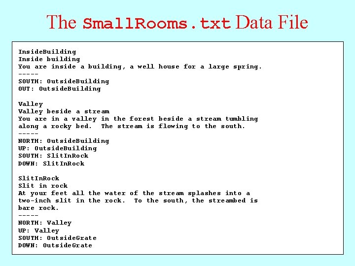 The Small. Rooms. txt Data File Inside. Building Outside. Building Inside Outsidebuilding You a
