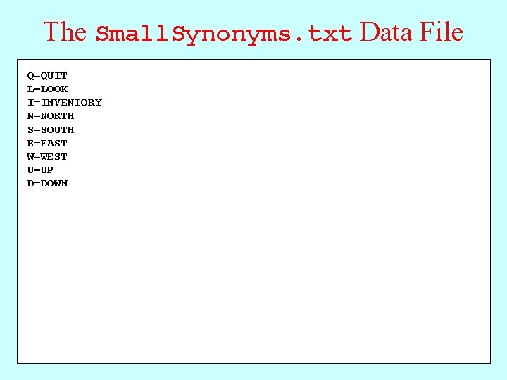 The Small. Synonyms. txt Data File Q=QUIT L=LOOK I=INVENTORY N=NORTH S=SOUTH E=EAST W=WEST U=UP