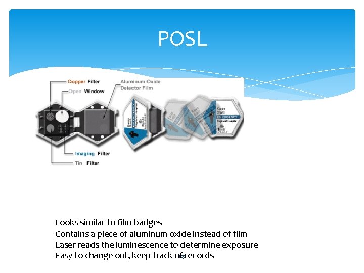 POSL Looks similar to film badges Contains a piece of aluminum oxide instead of