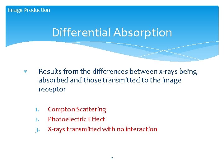 Image Production Differential Absorption Results from the differences between x-rays being absorbed and those