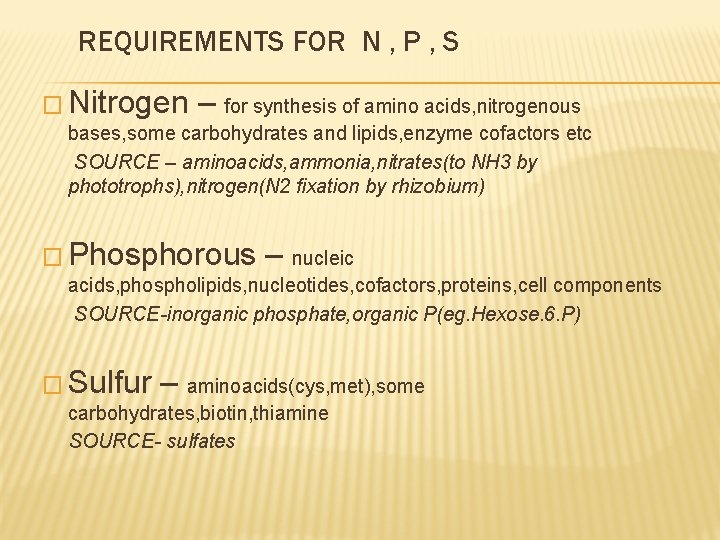 REQUIREMENTS FOR N , P , S � Nitrogen – for synthesis of amino