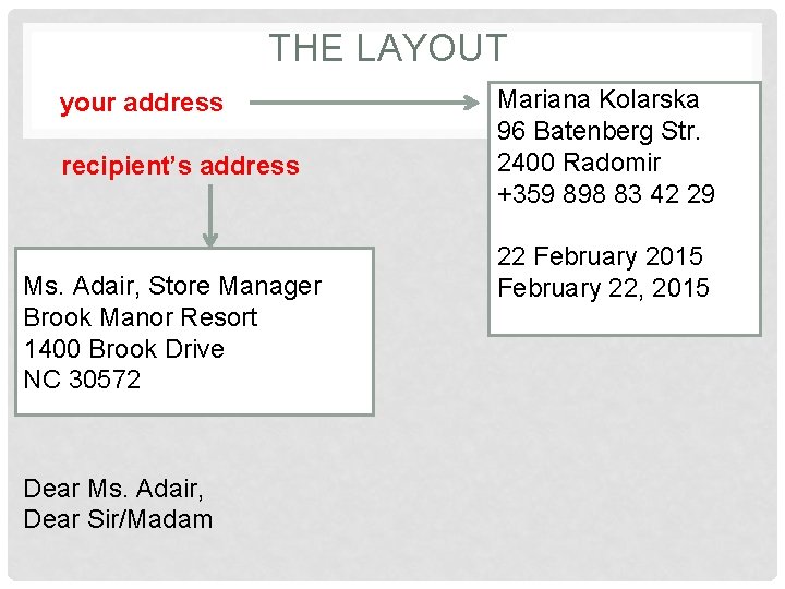 THE LAYOUT your address recipient’s address Ms. Adair, Store Manager Brook Manor Resort 1400