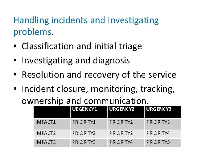 Handling incidents and Investigating problems. • Classification and initial triage • Investigating and diagnosis