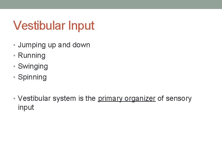 Vestibular Input • Jumping up and down • Running • Swinging • Spinning •