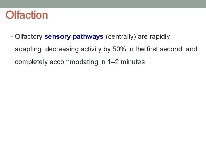 Olfaction • Olfactory sensory pathways (centrally) are rapidly adapting, decreasing activity by 50% in