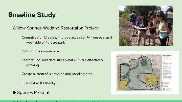 Baseline Study Willow Springs Wetland Restoration Project Comprised of 12 acres, improve accessibility from
