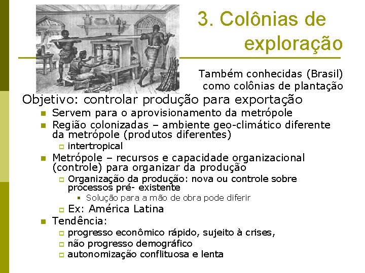 3. Colônias de exploração Também conhecidas (Brasil) como colônias de plantação Objetivo: controlar produção