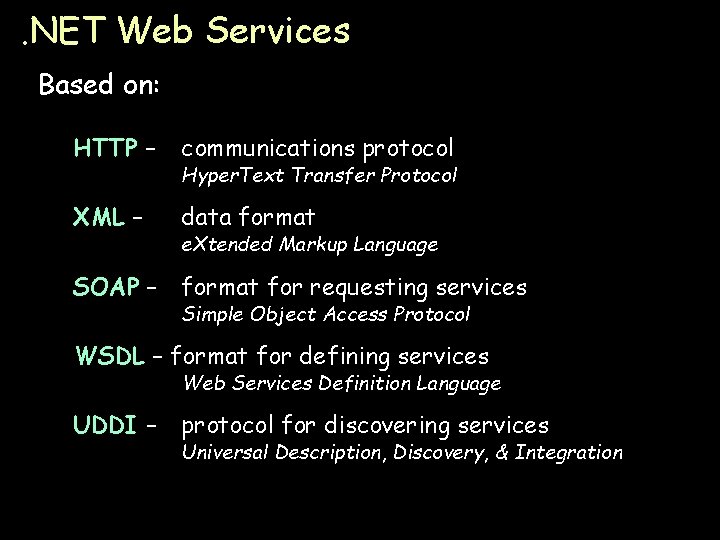 . NET Web Services Based on: HTTP – communications protocol XML – data format