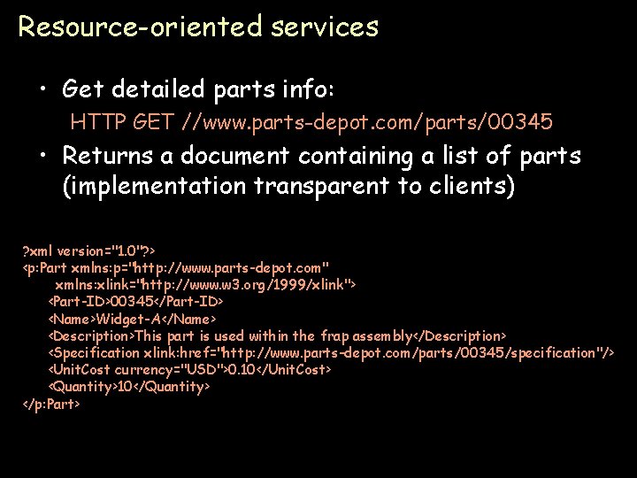 Resource-oriented services • Get detailed parts info: HTTP GET //www. parts-depot. com/parts/00345 • Returns