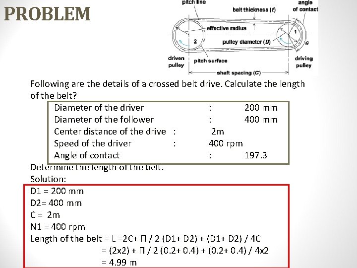 PROBLEM Following are the details of a crossed belt drive. Calculate the length of