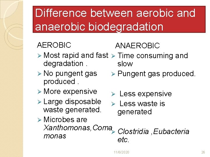 Difference between aerobic and anaerobic biodegradation AEROBIC ANAEROBIC Ø Most rapid and fast Ø