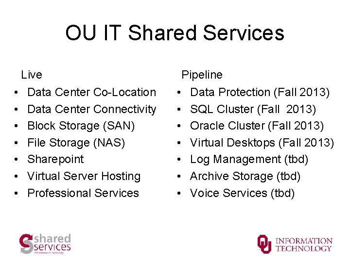 OU IT Shared Services Live • • Data Center Co-Location Data Center Connectivity Block
