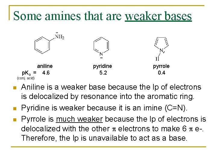 Some amines that are weaker bases aniline p. Ka = 4. 6 pyridine 5.