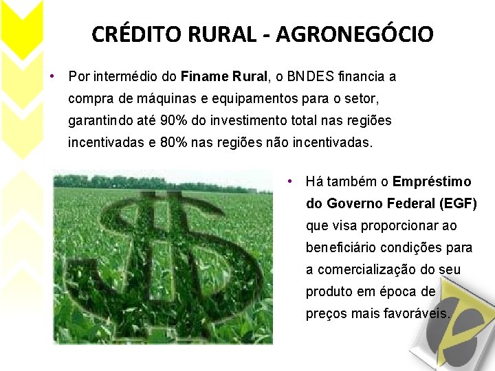 CRÉDITO RURAL - AGRONEGÓCIO • Por intermédio do Finame Rural, o BNDES financia a