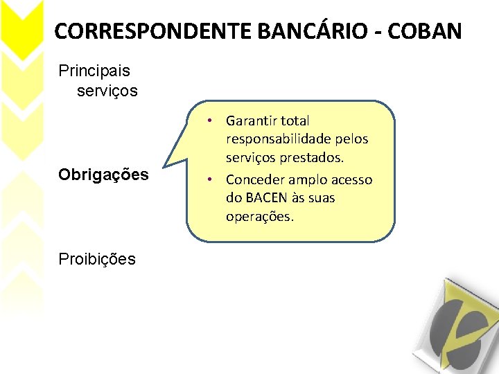 CORRESPONDENTE BANCÁRIO - COBAN Principais serviços Obrigações Proibições • Garantir total responsabilidade pelos serviços