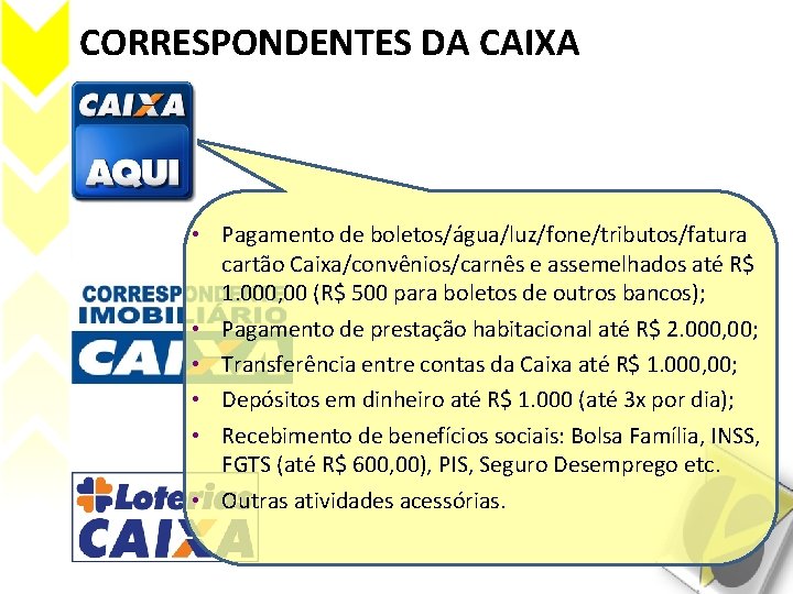 CORRESPONDENTES DA CAIXA • Pagamento de boletos/água/luz/fone/tributos/fatura cartão Caixa/convênios/carnês e assemelhados até R$ 1.