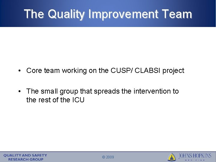 The Quality Improvement Team • Core team working on the CUSP/ CLABSI project •