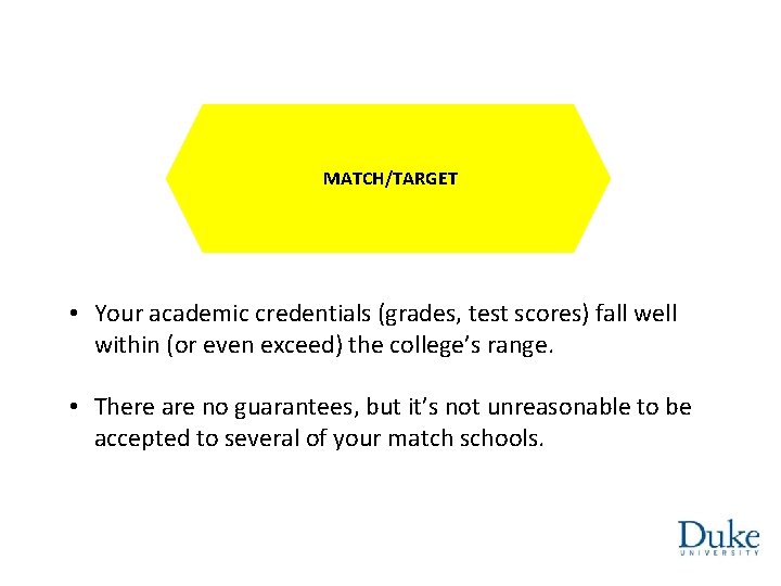 MATCH or TARGMATCH OR MATCH/TARGETET • Your academic credentials (grades, test scores) fall well