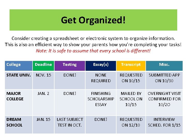 Get Organized! Consider creating a spreadsheet or electronic system to organize information. This is
