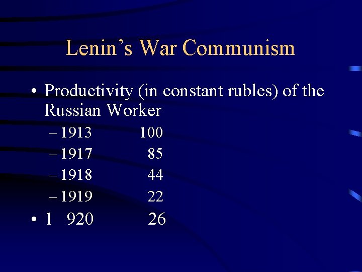 Lenin’s War Communism • Productivity (in constant rubles) of the Russian Worker – 1913