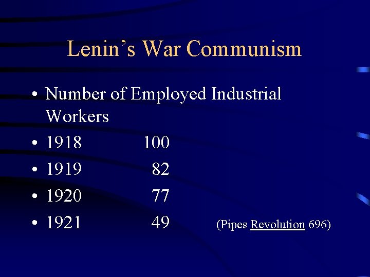 Lenin’s War Communism • Number of Employed Industrial Workers • 1918 100 • 1919