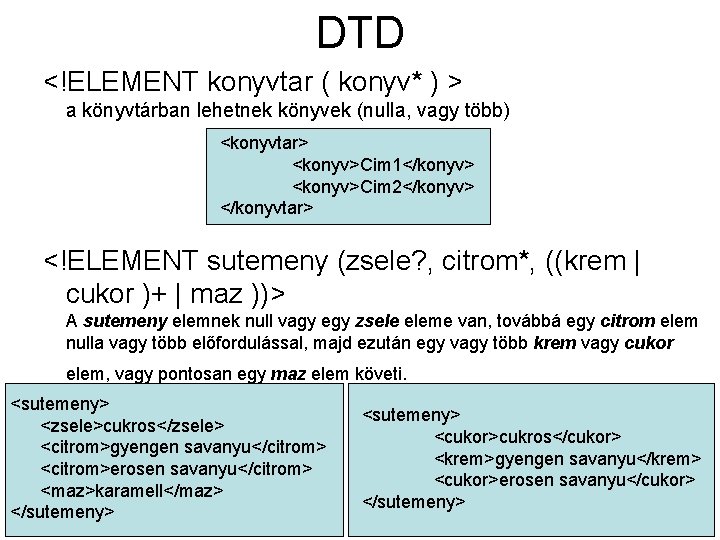 DTD <!ELEMENT konyvtar ( konyv* ) > a könyvtárban lehetnek könyvek (nulla, vagy több)