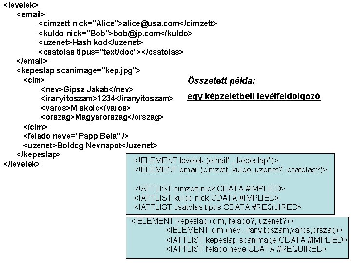 <levelek> <email> <cimzett nick="Alice">alice@usa. com</cimzett> <kuldo nick="Bob">bob@jp. com</kuldo> <uzenet>Hash kod</uzenet> <csatolas tipus="text/doc"></csatolas> </email> <kepeslap