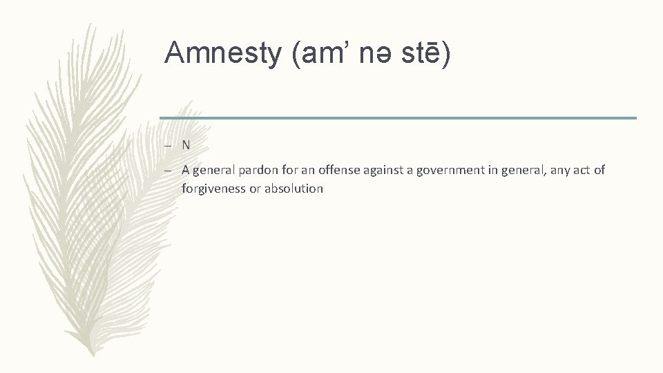Amnesty (am’ nə stē) – N – A general pardon for an offense against