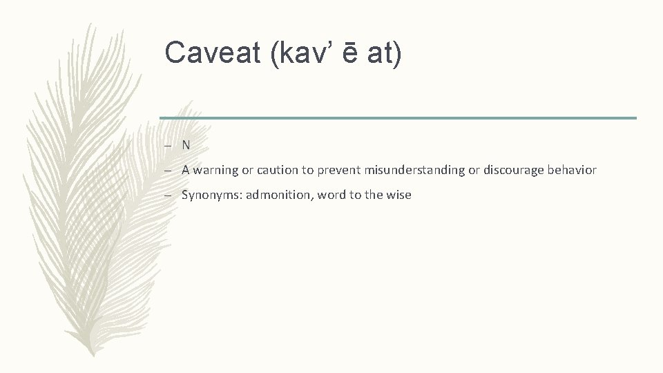 Caveat (kav’ ē at) – N – A warning or caution to prevent misunderstanding